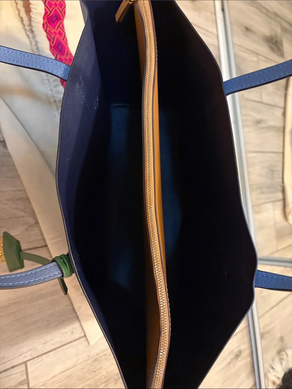 Tory Burch Perry Blue Leather Tote with Green Accent